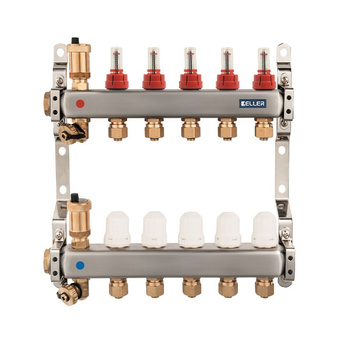 Rozdzielacz stalowy INOX 1" 11-drogowy z przepływomierzami i zaworami termostatycznymi Keller KEL 720304